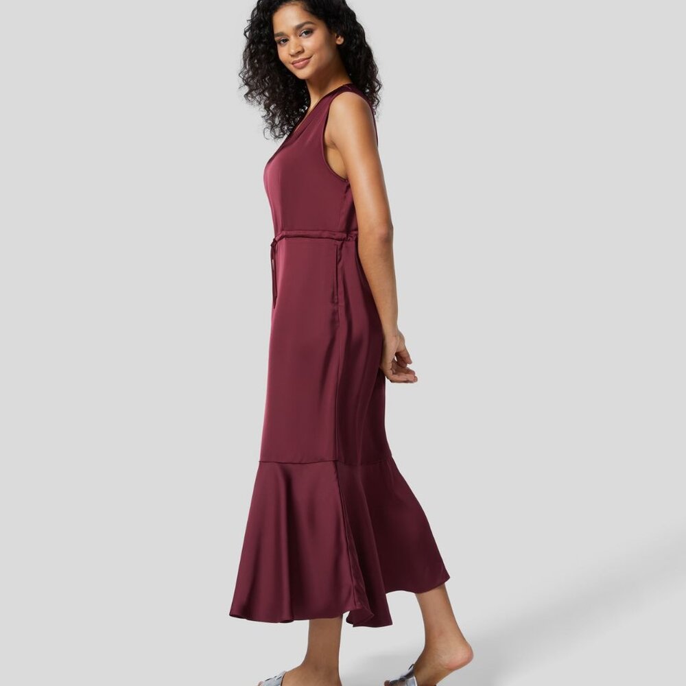 V Neck Sleeveless Drawstring Side Pocket Ruffle Hem Midi Satin-Like Lounge Dress - Picture 3 of 4